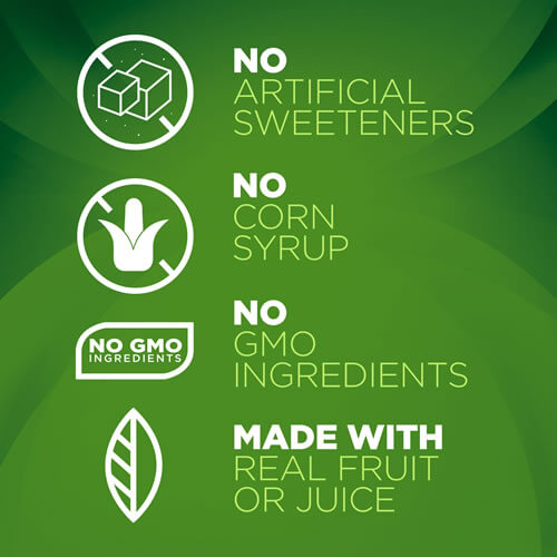 No Artificial Sweetners, No Corn Syrup, No GMO Ingredients, Made with Real Fruit Juice